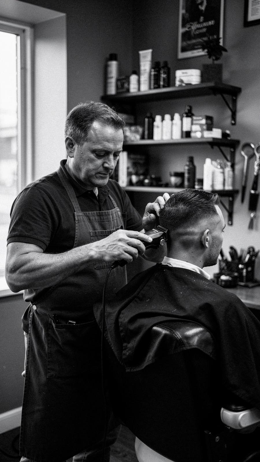 Black-and-white portrait of a barber finishing a fade with clippers in the studio
